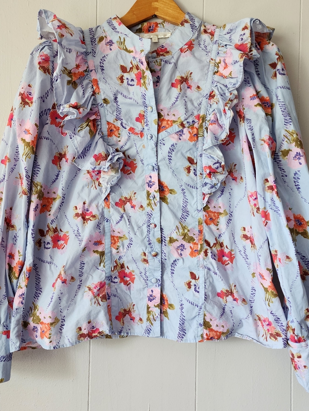 LoveShackFancy Blouse Small Blue Floral Ruffle Cotton Top Cottagecore Romantic S